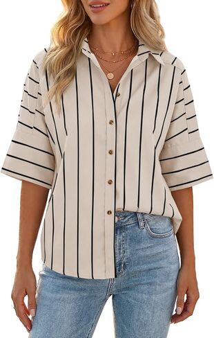 Cicy Bell Womens Striped Button Down Shirts Short Sleeve Collared Dressy Casual Loose fit Tops Work Office Blouses in Kuwait