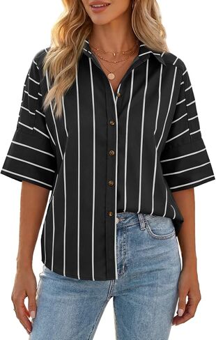 Cicy Bell Womens Striped Button Down Shirts Short Sleeve Collared Dressy Casual Loose fit Tops Work Office Blouses in Kuwait