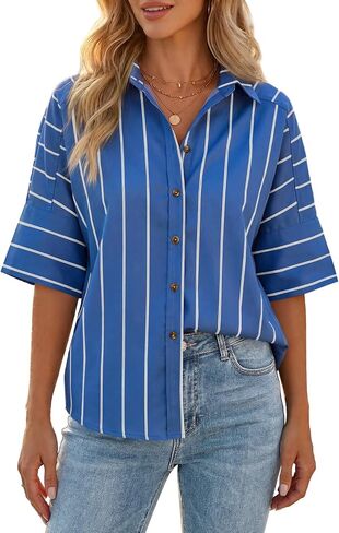 Cicy Bell Womens Striped Button Down Shirts Short Sleeve Collared Dressy Casual Loose fit Tops Work Office Blouses in Kuwait