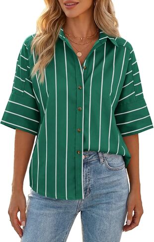 Cicy Bell Womens Striped Button Down Shirts Short Sleeve Collared Dressy Casual Loose fit Tops Work Office Blouses in Kuwait
