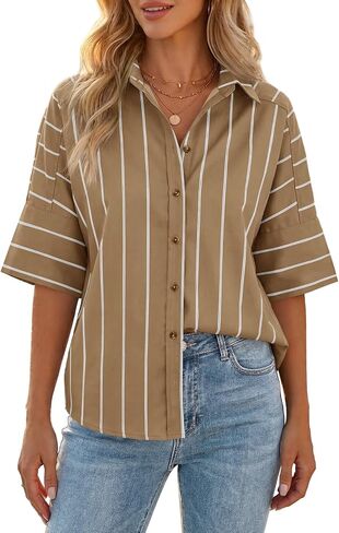 Cicy Bell Womens Striped Button Down Shirts Short Sleeve Collared Dressy Casual Loose fit Tops Work Office Blouses in Kuwait