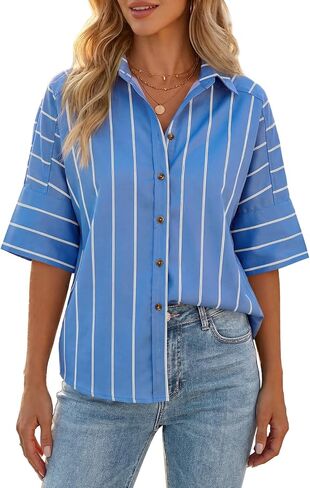 Cicy Bell Womens Striped Button Down Shirts Short Sleeve Collared Dressy Casual Loose fit Tops Work Office Blouses in Kuwait