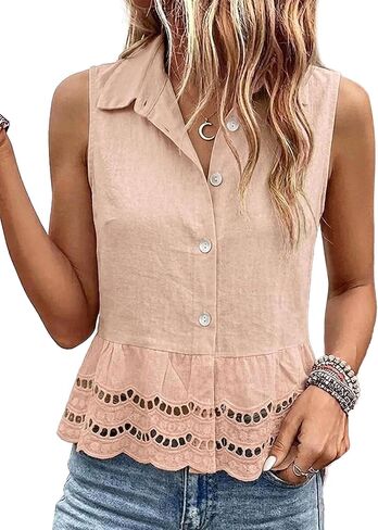 Flamingals Collared Sleeveless Shirts for Women Scallop Hem Eyelet Embroidery Single Breasted Tops Boho Basic Casual Blouses in Kuwait