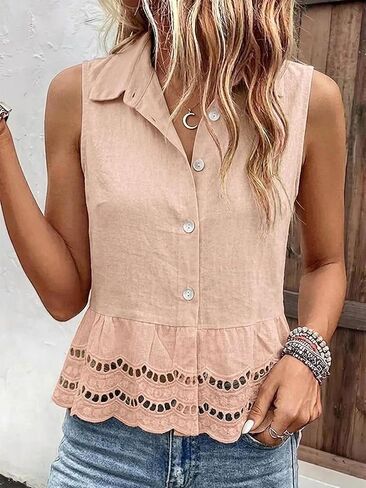 Flamingals Collared Sleeveless Shirts for Women Scallop Hem Eyelet Embroidery Single Breasted Tops Boho Basic Casual Blouses in Kuwait