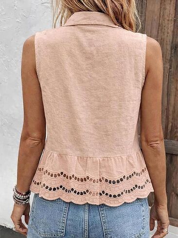 Flamingals Collared Sleeveless Shirts for Women Scallop Hem Eyelet Embroidery Single Breasted Tops Boho Basic Casual Blouses in Kuwait