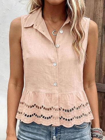 Flamingals Collared Sleeveless Shirts for Women Scallop Hem Eyelet Embroidery Single Breasted Tops Boho Basic Casual Blouses in Kuwait