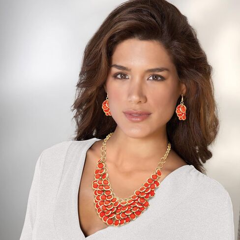 PalmBeach Goldtone Round Orange Lucite Bib Necklace and Drop Earring Set, 18 inches plus 3 inch extension in Kuwait