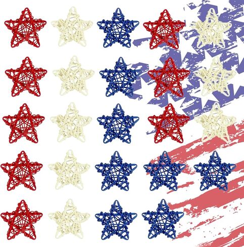 4th of July Wicker Rattan Star Decor Set - 24 Pcs Red White Blue Handmade Rattan Stars, Independence Day DIY Craft Supplies for Home Table Decor, Vase Bowl Filler Party Decoration in Saudi Arabia