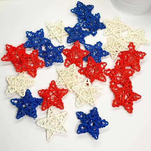 4th of July Wicker Rattan Star Decor Set - 24 Pcs Red White Blue Handmade Rattan Stars, Independence Day DIY Craft Supplies for Home Table Decor, Vase Bowl Filler Party Decoration in Saudi Arabia