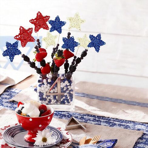 4th of July Wicker Rattan Star Decor Set - 24 Pcs Red White Blue Handmade Rattan Stars, Independence Day DIY Craft Supplies for Home Table Decor, Vase Bowl Filler Party Decoration in Saudi Arabia