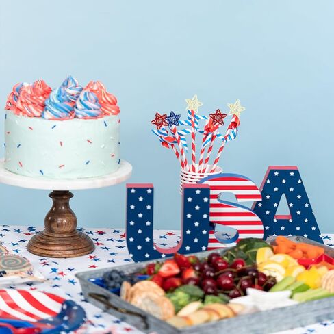 4th of July Wicker Rattan Star Decor Set - 24 Pcs Red White Blue Handmade Rattan Stars, Independence Day DIY Craft Supplies for Home Table Decor, Vase Bowl Filler Party Decoration in Saudi Arabia