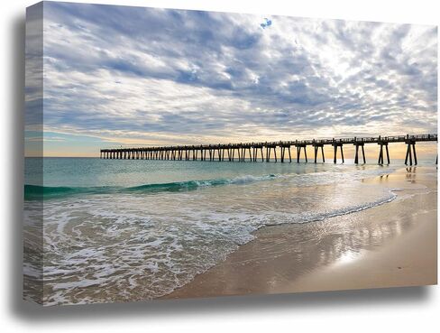 Pensacola Beach Pier Canvas Wall Art | Florida Gulf Coast Fishing Emerald Seascape Coastal Ocean Travel Landscape Gallery Wrap Photography Decor (12" x 18", .75" Depth) in Saudi Arabia