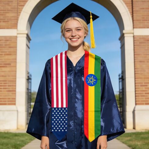 USA And Ethiopia Flag Graduation Stole,Satin Embroidery Graduation Sash for International Students,72 Inch Length. in Saudi Arabia