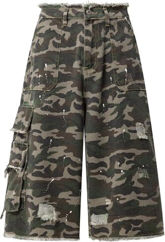 Aelfric Eden Camo Cargo Baggy Denim Shorts Distressed Paint Splatter Ripped Jean Shorts Unisex Loose Straight Jorts in Kuwait