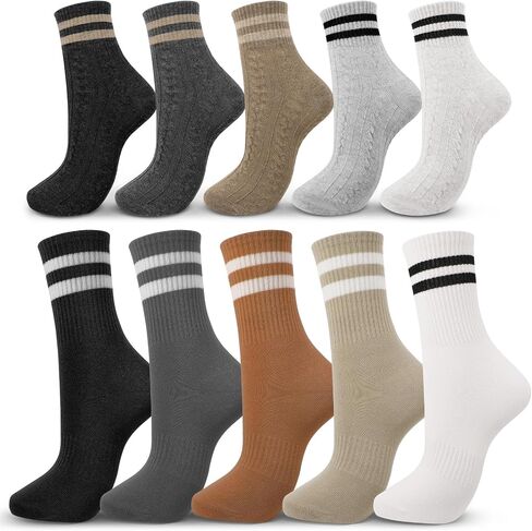 10 Pairs Women's Striped Crew Socks Retro Vintage 2 Style Sock Soft Breathable Casual Cotton Cozy Socks in Kuwait