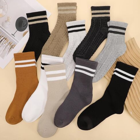 10 Pairs Women's Striped Crew Socks Retro Vintage 2 Style Sock Soft Breathable Casual Cotton Cozy Socks in Kuwait