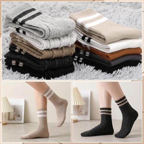 10 Pairs Women's Striped Crew Socks Retro Vintage 2 Style Sock Soft Breathable Casual Cotton Cozy Socks in Kuwait