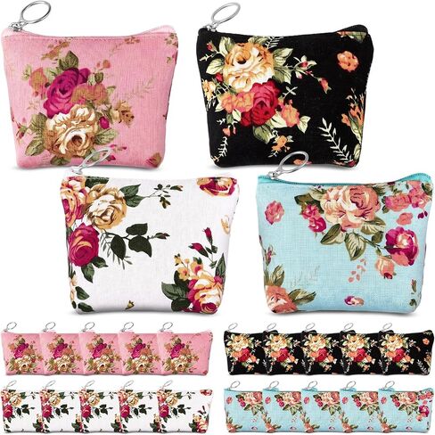24 Pack Vintage Floral Coin Purses Bulk for Tea Party Favors, 3.5 x 4.6 in Canvas Zipper Pouches Small Change Purse Wallets for Women Guests Birthday Bridal Shower Gifts in Saudi Arabia