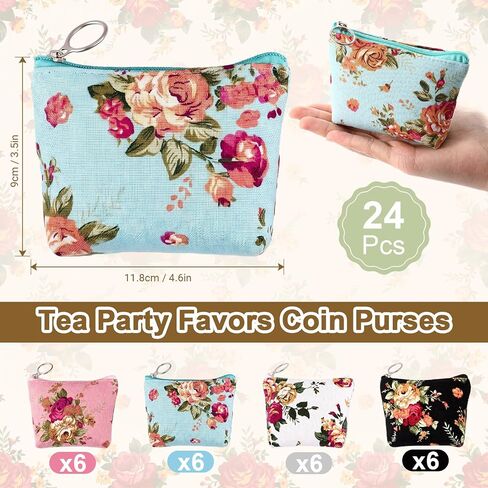 24 Pack Vintage Floral Coin Purses Bulk for Tea Party Favors, 3.5 x 4.6 in Canvas Zipper Pouches Small Change Purse Wallets for Women Guests Birthday Bridal Shower Gifts in Saudi Arabia
