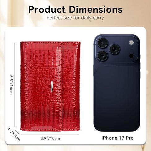 Women's Wallet Oil-waxed Genuine Leather, Crocodile Embossed Compact Bi-fold Wallet for Women with Magnetic Closure, Multi Card Slots, ID Window, Zipper Pockets (Red) in Kuwait
