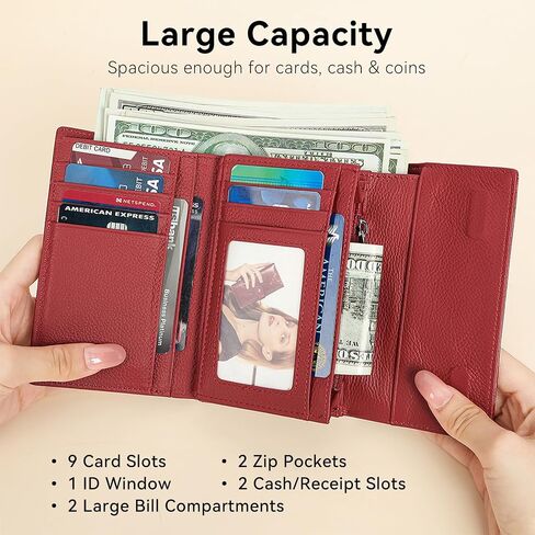 Women's Wallet Oil-waxed Genuine Leather, Crocodile Embossed Compact Bi-fold Wallet for Women with Magnetic Closure, Multi Card Slots, ID Window, Zipper Pockets (Red) in Kuwait
