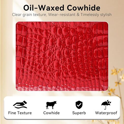 Women's Wallet Oil-waxed Genuine Leather, Crocodile Embossed Compact Bi-fold Wallet for Women with Magnetic Closure, Multi Card Slots, ID Window, Zipper Pockets (Red) in Kuwait