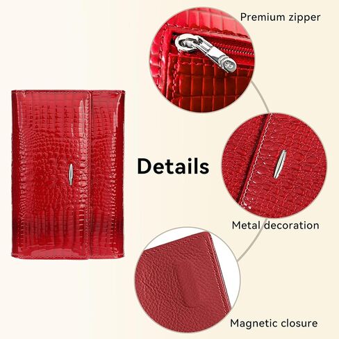 Women's Wallet Oil-waxed Genuine Leather, Crocodile Embossed Compact Bi-fold Wallet for Women with Magnetic Closure, Multi Card Slots, ID Window, Zipper Pockets (Red) in Kuwait