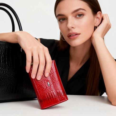 Women's Wallet Oil-waxed Genuine Leather, Crocodile Embossed Compact Bi-fold Wallet for Women with Magnetic Closure, Multi Card Slots, ID Window, Zipper Pockets (Red) in Kuwait