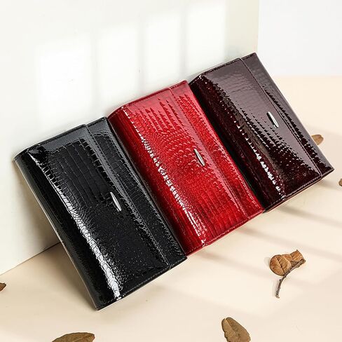 Women's Wallet Oil-waxed Genuine Leather, Crocodile Embossed Compact Bi-fold Wallet for Women with Magnetic Closure, Multi Card Slots, ID Window, Zipper Pockets (Red) in Kuwait