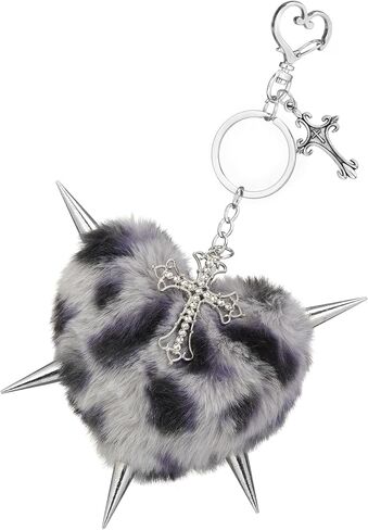 Punk Cross Heart Bag Plush Keychain for Women Goth Grunge Leopard Print Keychain Bag Purse Charm for Handbag Jewelry in Saudi Arabia