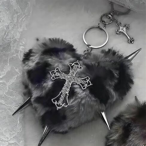 Punk Cross Heart Bag Plush Keychain for Women Goth Grunge Leopard Print Keychain Bag Purse Charm for Handbag Jewelry in Saudi Arabia