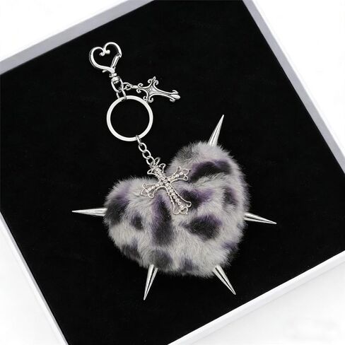 Punk Cross Heart Bag Plush Keychain for Women Goth Grunge Leopard Print Keychain Bag Purse Charm for Handbag Jewelry in Saudi Arabia