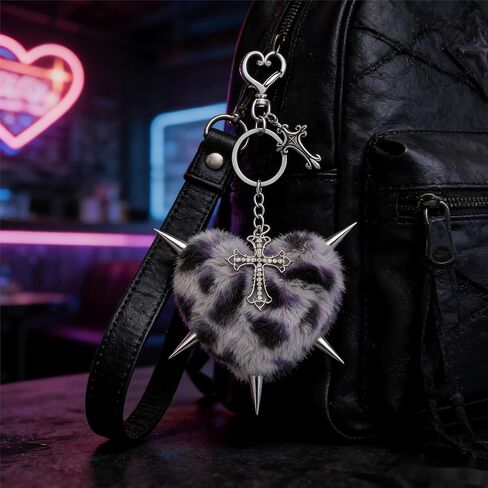 Punk Cross Heart Bag Plush Keychain for Women Goth Grunge Leopard Print Keychain Bag Purse Charm for Handbag Jewelry in Saudi Arabia