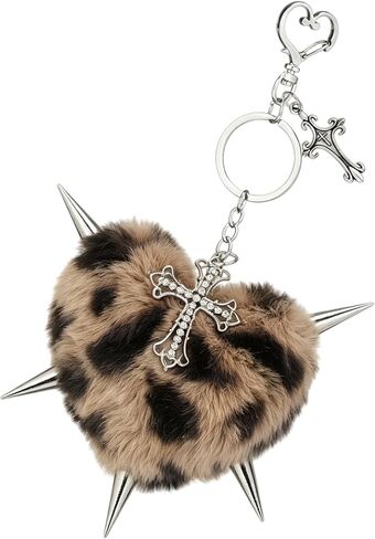 Punk Cross Heart Bag Plush Keychain for Women Goth Grunge Leopard Print Keychain Bag Purse Charm for Handbag Jewelry in Saudi Arabia