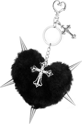 Punk Cross Heart Bag Plush Keychain for Women Goth Grunge Leopard Print Keychain Bag Purse Charm for Handbag Jewelry in Saudi Arabia
