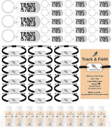 Huquary 18 Sets Track and Field Gift for Runner Bulk Stainless Steel Track and Field Keychain Adjustable Running Bracelets Charm with Cards and Organza Bags for Men Women Marathon Team in Kuwait