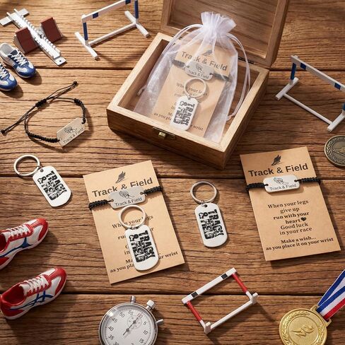 Huquary 18 Sets Track and Field Gift for Runner Bulk Stainless Steel Track and Field Keychain Adjustable Running Bracelets Charm with Cards and Organza Bags for Men Women Marathon Team in Kuwait