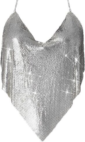 Womens Sexy Sparkly Chain Top Metallic Sequin Rhinestone Halter Backless Crop Outfit Party Club Tank Shirt (Sliver V) in Saudi Arabia