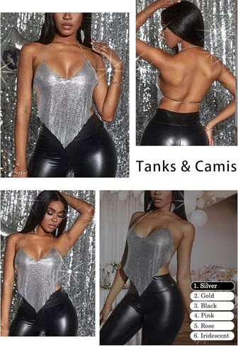 Womens Sexy Sparkly Chain Top Metallic Sequin Rhinestone Halter Backless Crop Outfit Party Club Tank Shirt (Sliver V) in Saudi Arabia