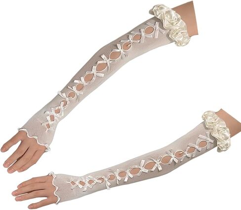 Mrotrida Women's Cosplay Lolita Fingerless Gloves Y2K Hollow Out Lace Flower Thin Glove Cute Bow Elasticity Soft Long Sleeves in Saudi Arabia