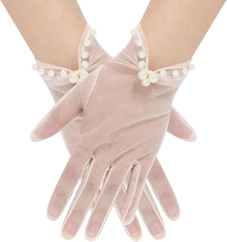 Women's Pearl Short Sheer Mesh Tulle Gloves Wrist Length Wedding Evening Opera Tea Party Gloves in Saudi Arabia