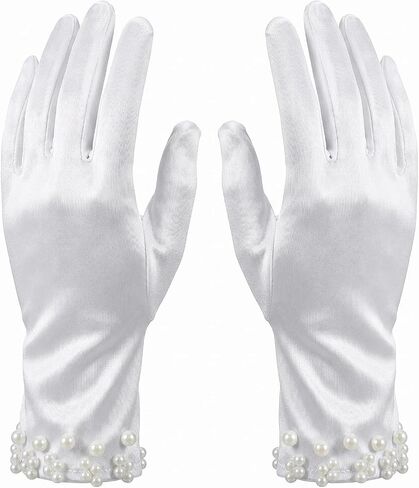 Elegant Satin Gloves Tea Party Gloves Wrist Pearl Dress Glove Women's Pearl Wedding Bridal Glove, Short White Glovess for Women in Saudi Arabia