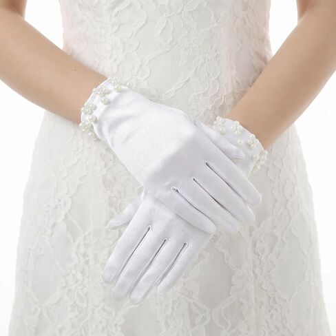 Elegant Satin Gloves Tea Party Gloves Wrist Pearl Dress Glove Women's Pearl Wedding Bridal Glove, Short White Glovess for Women in Saudi Arabia