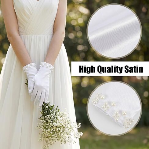 Elegant Satin Gloves Tea Party Gloves Wrist Pearl Dress Glove Women's Pearl Wedding Bridal Glove, Short White Glovess for Women in Saudi Arabia