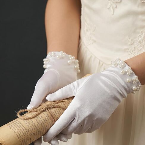 Elegant Satin Gloves Tea Party Gloves Wrist Pearl Dress Glove Women's Pearl Wedding Bridal Glove, Short White Glovess for Women in Saudi Arabia
