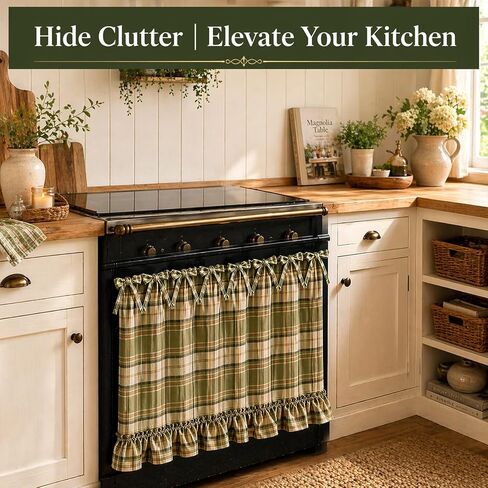 Handmade Oven Skirt Curtain for Door Kitchen Dishwasher Hidden Curtain Tie Top Farmhouse Meadow Skirt Heat-Resistant for Stove Kitchen Décor with Ruffles and Ribbon Ties Heat Resistant (Oat) in Saudi Arabia