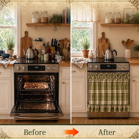 Handmade Oven Skirt Curtain for Door Kitchen Dishwasher Hidden Curtain Tie Top Farmhouse Meadow Skirt Heat-Resistant for Stove Kitchen Décor with Ruffles and Ribbon Ties Heat Resistant (Oat) in Saudi Arabia