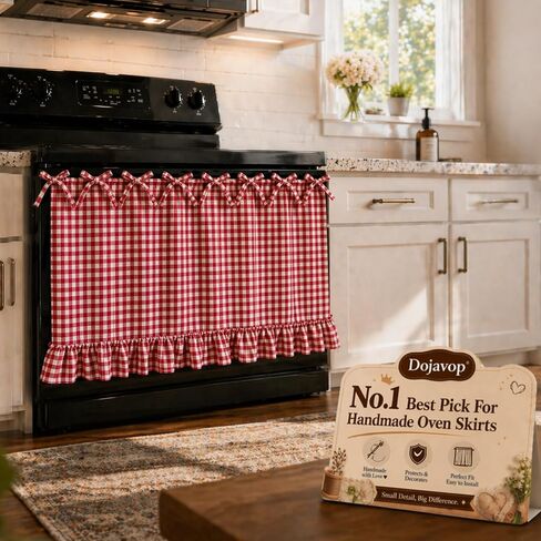Handmade Oven Skirt Curtain for Door Kitchen Dishwasher Hidden Curtain Tie Top Farmhouse Meadow Skirt Heat-Resistant for Stove Kitchen Décor with Ruffles and Ribbon Ties Heat Resistant (Oat) in Saudi Arabia