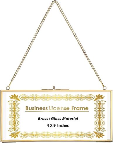 JUXYES Hanging Business License Frame Brass License Certificate Display Frame, Double Glass Floating Diploma Frames, Wall Mount Gold Display Frames for 4x9 and 3.5x8.5 Certificate Business Licenses in Kuwait