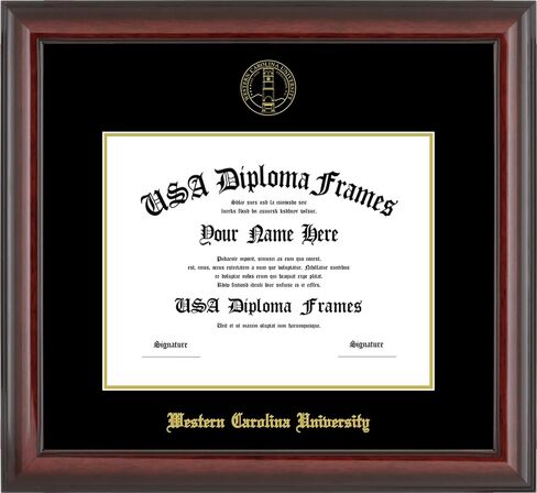 USADiplomaFrames - Western Carolina University - For 8.5" x11" Degrees - Black Gold Trim Glossy Frame with Black and Gold Matting and Gold Seal in Saudi Arabia